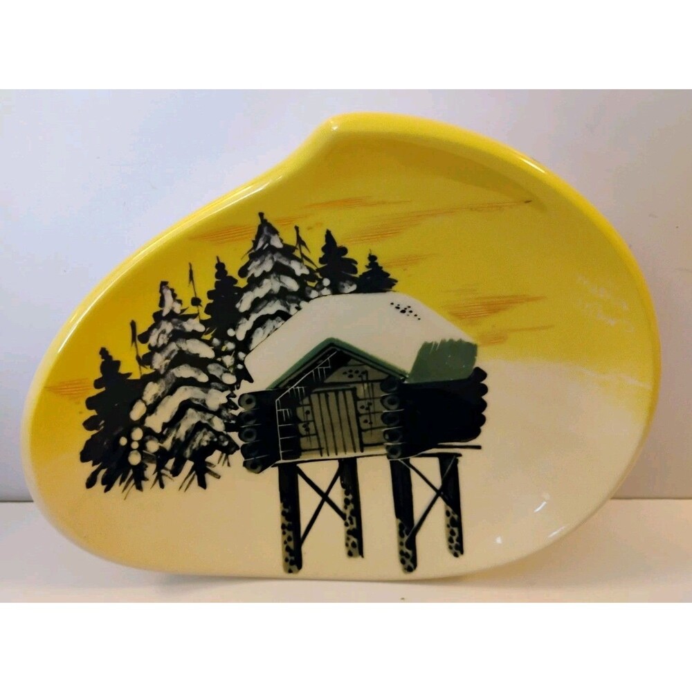 Vintage Matthew Adams Alaska Pottery Dish 190b MCM Log Cabin Cache Yellow